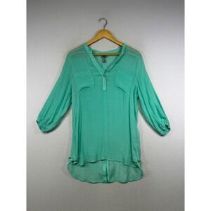 Boho Coastal Vanity Women Medium Seafoam Green High-Low Button Back Tunic Top